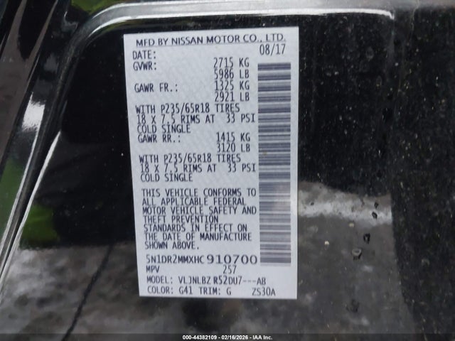 5N1DR2MMXHC910700 Nissan Pathfinder S