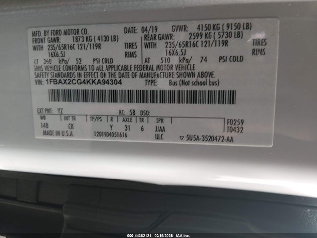 1FBAX2CG4KKA94304 Ford Transit-350 Xlt