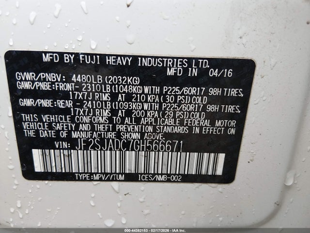 Продаж на аукціоні авто 2016 Subaru Forester 2.5i Premium, vin: JF2SJADC7GH566671, номер лоту: 44382153