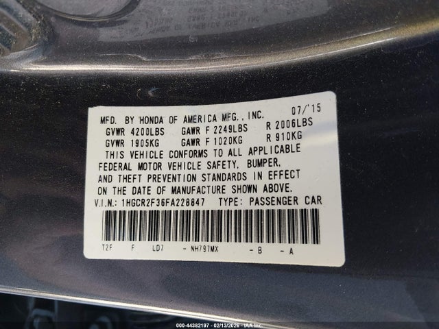 Продажа на аукционе авто 2015 Honda Accord Lx, vin: 1HGCR2F36FA228847, номер лота: 44382197