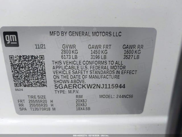 44382274 :رقم المزاد ، 5GAERCKW2NJ115944 vin ، 2022 Buick Enclave Fwd Premium مزاد بيع