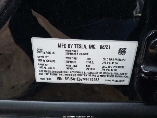 44382280 :رقم المزاد ، 5YJSA1E67MF431953 vin ، 2021 Tesla Model S Plaid Tri Motor All-wheel Drive مزاد بيع