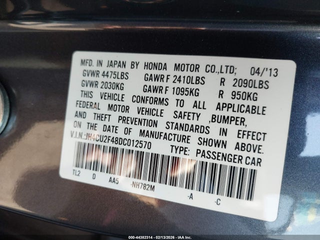 Продажа на аукционе авто 2013 Acura Tsx 2.4, vin: JH4CU2F48DC012570, номер лота: 44382314