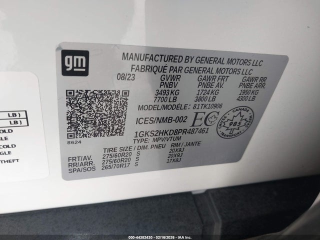 44382430 :رقم المزاد ، 1GKS2HKD8PR487461 vin ، 2023 Gmc Yukon Xl At4 مزاد بيع
