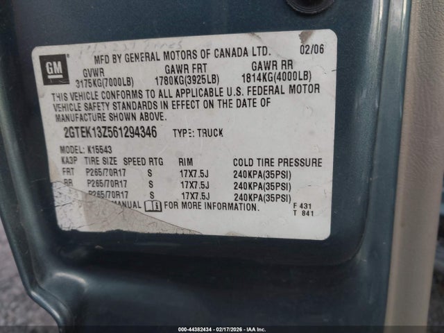 44382434 :رقم المزاد ، 2GTEK13Z561294346 vin ، 2006 Gmc Sierra 1500 Slt مزاد بيع