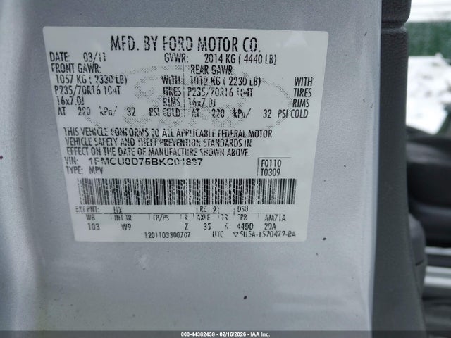 44382438 :رقم المزاد ، 1FMCU0D75BKC01887 vin ، 2011 Ford Escape Xlt مزاد بيع