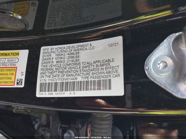 Продажа на аукционе авто 2022 Honda Accord Ex-l, vin: 1HGCV1F53NA014436, номер лота: 44382440
