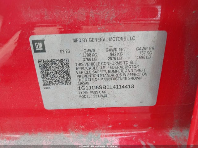 2020 Chevrolet Sonic მანქანა იყიდება აუქციონზე, vin: 1G1JG6SB1L4114418, აუქციონის ნომერი: 44382566