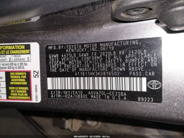 4T1B11HK3KU816502 Toyota CAMRY SE