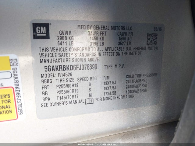 Aukcja sprzedaży 2015 Buick Enclave Leather, vin: 5GAKRBKD6FJ378399, numer aukcji: 44382583