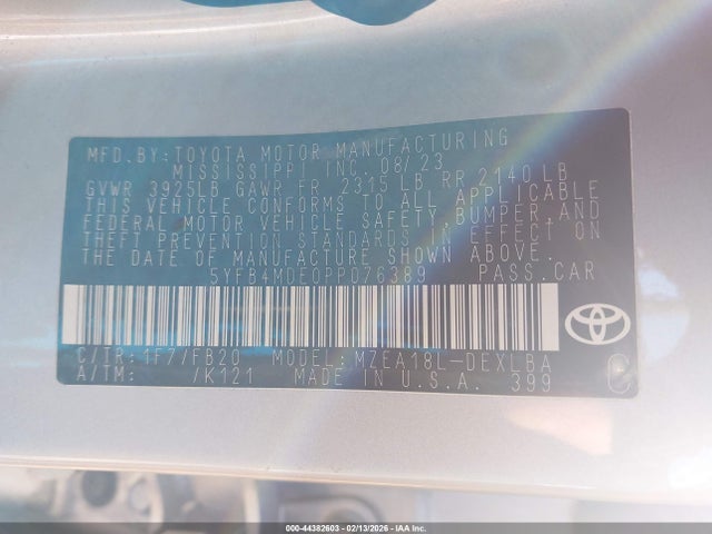 2023 Toyota Corolla Le მანქანა იყიდება აუქციონზე, vin: 5YFB4MDE0PP076389, აუქციონის ნომერი: 44382603