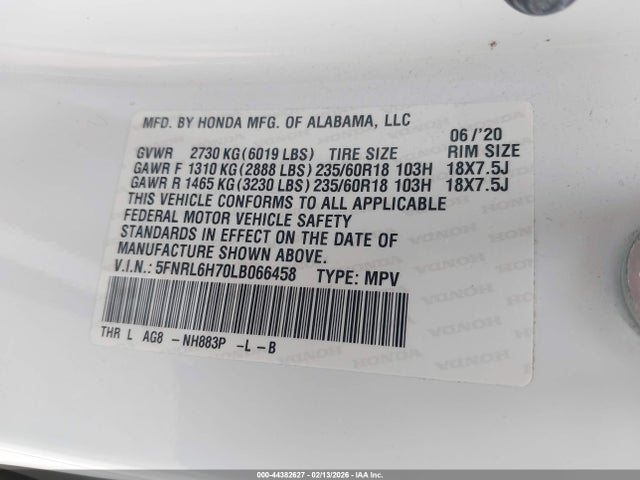 Honda Odyssey Ex-l/ex-l W/navi Res 2020 5FNRL6H70LB066458 Image 9