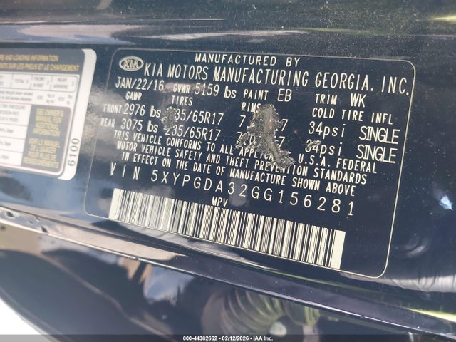 Aukcja sprzedaży 2016 Kia Sorento 2.4l Lx, vin: 5XYPGDA32GG156281, numer aukcji: 44382662