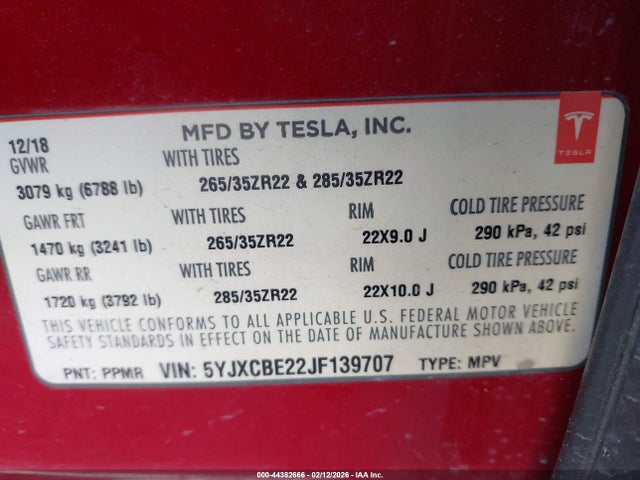 2018 Tesla Model X 100d/75d/p100d მანქანა იყიდება აუქციონზე, vin: 5YJXCBE22JF139707, აუქციონის ნომერი: 44382666