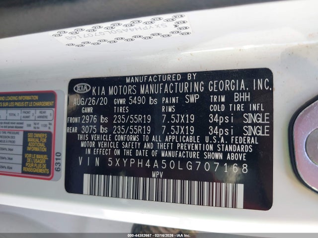 5XYPH4A50LG707168 KIA Sorento 3.3l Ex