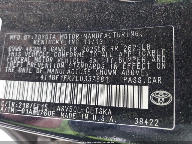 44382694 :رقم المزاد ، 4T1BF1FK7EU337881 vin ، 2014 Toyota Camry Se مزاد بيع