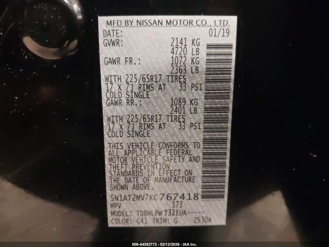 44382772 :رقم المزاد ، 5N1AT2MV7KC767418 vin ، 2019 Nissan Rogue S مزاد بيع