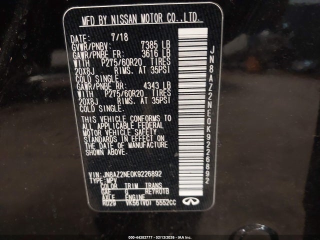 Aukcja sprzedaży 2019 Infiniti Qx80 Luxe, vin: JN8AZ2NE0K9226892, numer aukcji: 44382777