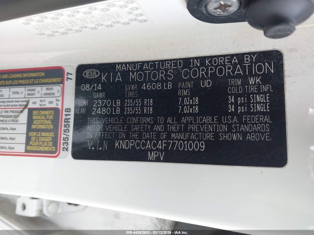 2014 Kia Sportage Ex მანქანა იყიდება აუქციონზე, vin: KNDPCCAC4F7701009, აუქციონის ნომერი: 44382803