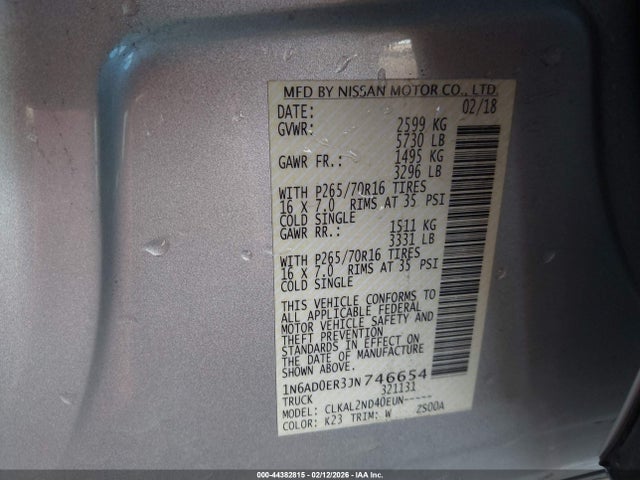 1N6AD0ER3JN746654 Nissan Frontier Sv