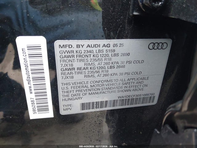 Aukcja sprzedaży 2025 Audi Q3 Premium 45 Tfsi S Line Quattro Tiptronic, vin: WA1DECF30S1085760, numer aukcji: 44382939