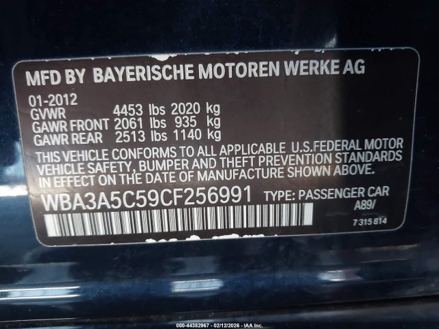 44382967 :رقم المزاد ، WBA3A5C59CF256991 vin ، 2012 Bmw 328i مزاد بيع