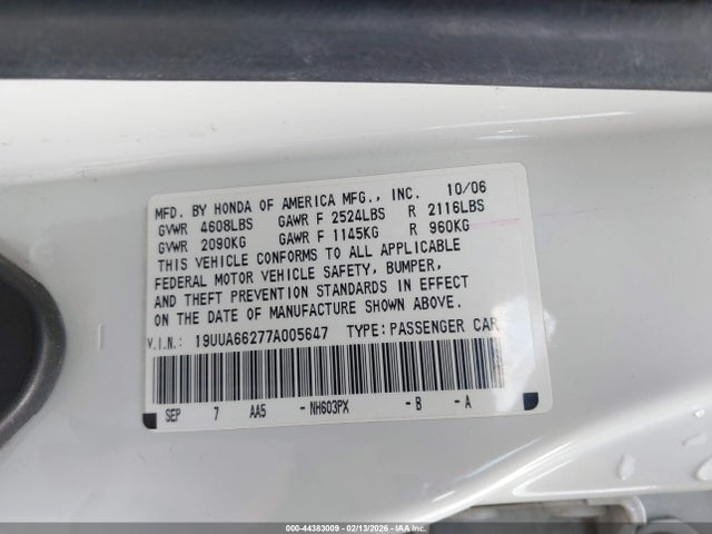 Aukcja sprzedaży 2007 Acura Tl 3.2, vin: 19UUA66277A005647, numer aukcji: 44383009