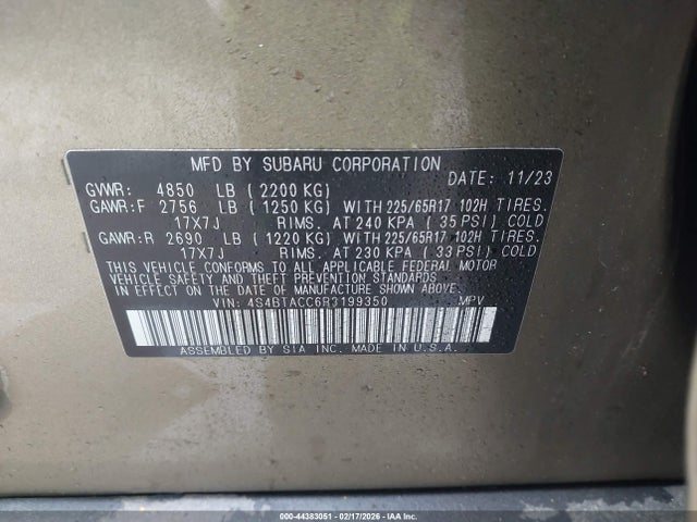 44383051 :رقم المزاد ، 4S4BTACC6R3199350 vin ، 2024 Subaru Outback Premium مزاد بيع
