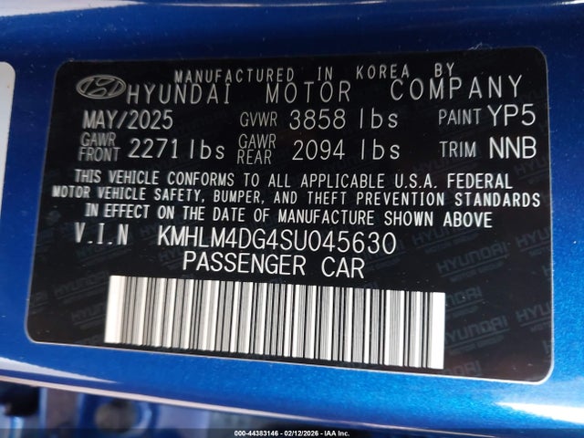 44383146 :رقم المزاد ، KMHLM4DG4SU045630 vin ، 2025 Hyundai Elantra Sel Sport مزاد بيع