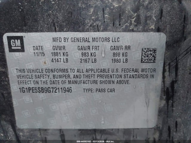 1G1PE5SB9G7211946 Chevrolet Cruze Limited 1lt Auto