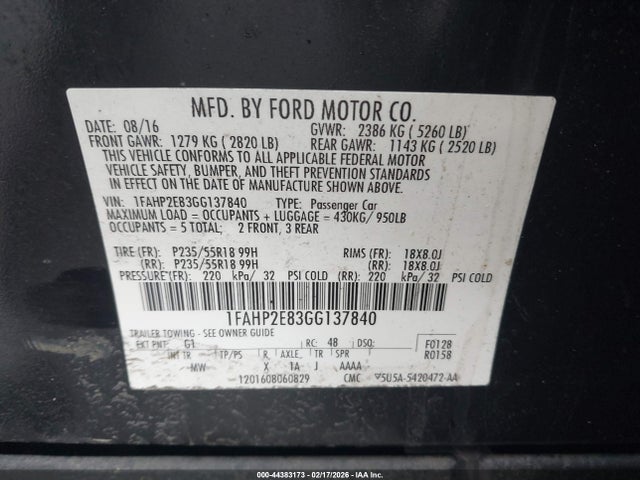 Ford TAURUS SEL 2016 1FAHP2E83GG137840 Image 17
