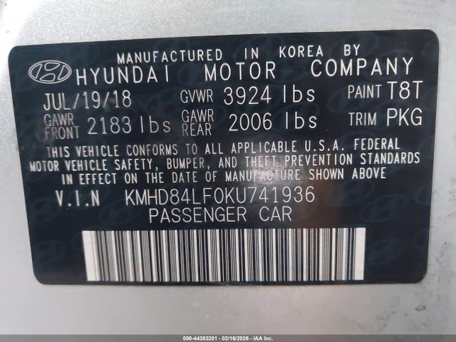 KMHD84LF0KU741936 Hyundai ELANTRA SEL