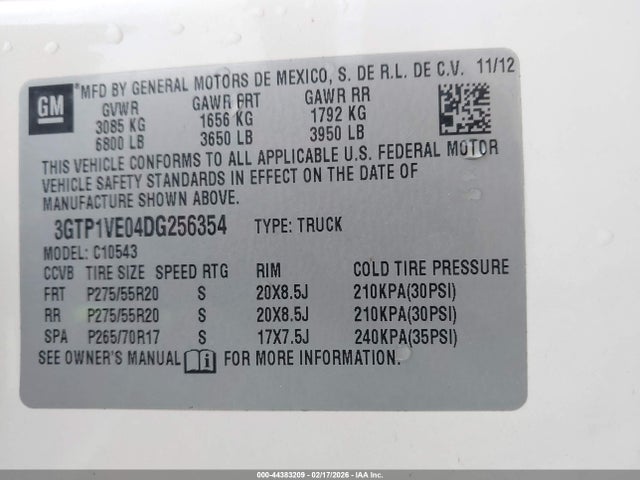 44383209 :رقم المزاد ، 3GTP1VE04DG256354 vin ، 2013 Gmc Sierra 1500 Sle مزاد بيع