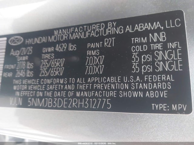 2024 Hyundai Tucson Sel მანქანა იყიდება აუქციონზე, vin: 5NMJB3DE2RH312775, აუქციონის ნომერი: 44383215