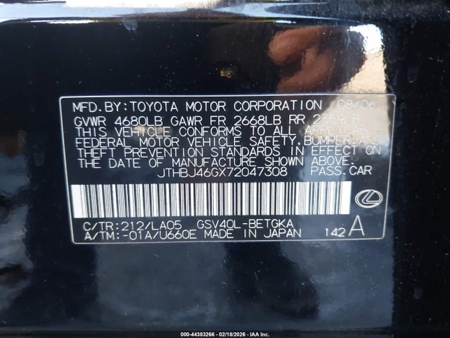 2007 Lexus Es 350 მანქანა იყიდება აუქციონზე, vin: JTHBJ46GX72047308, აუქციონის ნომერი: 44383266