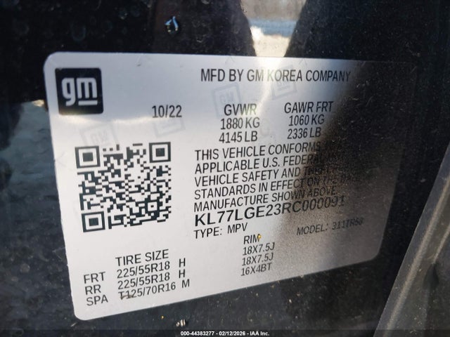 Aukcja sprzedaży 2024 Chevrolet Trax Fwd 1rs, vin: KL77LGE23RC000091, numer aukcji: 44383277