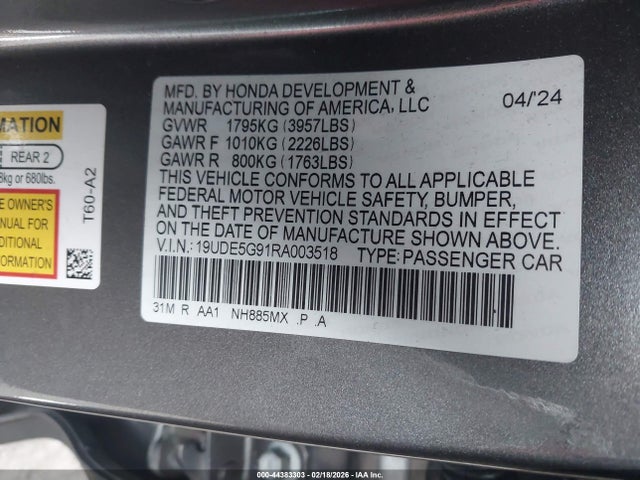 44383303 :رقم المزاد ، 19UDE5G91RA003518 vin ، 2024 Acura Integra Type S مزاد بيع
