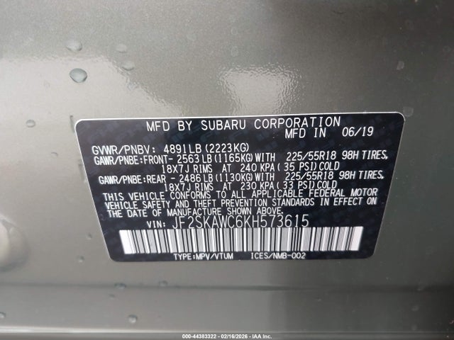JF2SKAWC6KH573615 Subaru Forester Touring