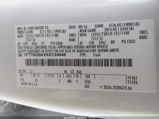 44383353 :رقم المزاد ، 1FT7W2B6XKEC69848 vin ، 2019 Ford F-250 Xl مزاد بيع