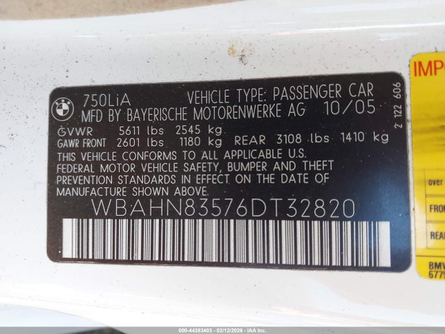 44383403 :رقم المزاد ، WBAHN83576DT32820 vin ، 2006 Bmw 750li مزاد بيع