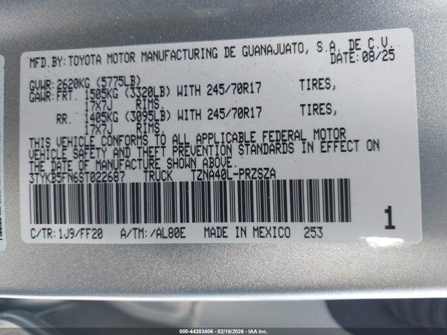 2025 Toyota Tacoma Sr5 მანქანა იყიდება აუქციონზე, vin: 3TYKB5FN6ST022687, აუქციონის ნომერი: 44383406