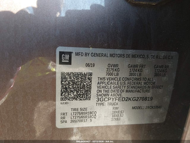 3GCPYFED2KG270819 Chevrolet Silverado 1500 Lt Trail Boss