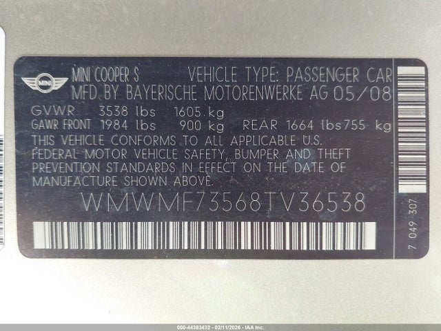 2008 MINI COOPER S WMWMF73568TV36538 Photo 8