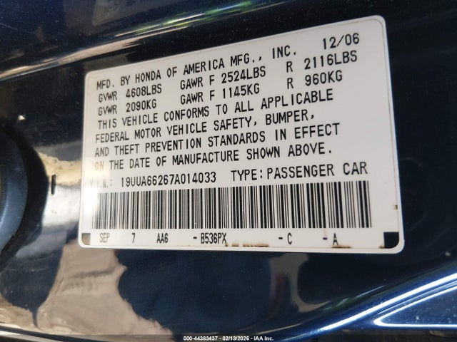 44383437 :رقم المزاد ، 19UUA66267A014033 vin ، 2007 Acura Tl 3.2 مزاد بيع