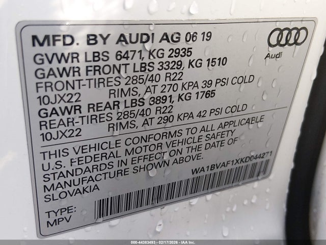 Продажа на аукционе авто 2019 Audi Q8 55 Premium, vin: WA1BVAF1XKD044271, номер лота: 44383493