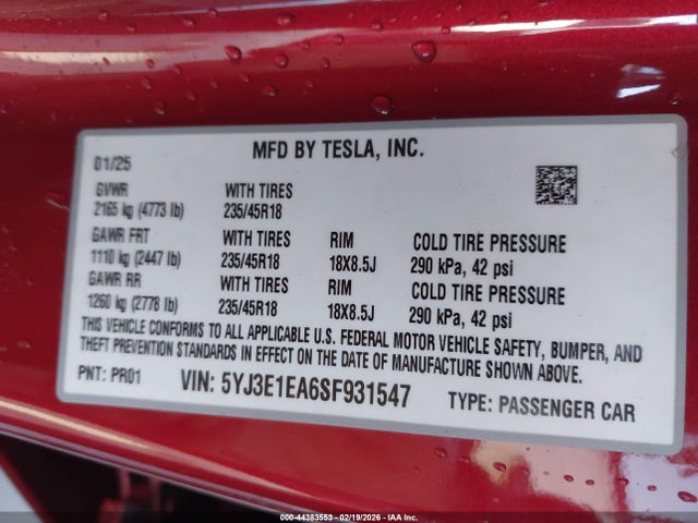 Aukcja sprzedaży 2025 Tesla Model 3 Long Range Rear-wheel Drive/standard Rear-wheel Drive, vin: 5YJ3E1EA6SF931547, numer aukcji: 44383553