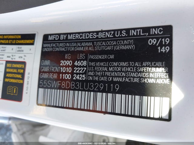 44383562 :رقم المزاد ، 55SWF8DB3LU329119 vin ، 2020 Mercedes-benz C 300 مزاد بيع