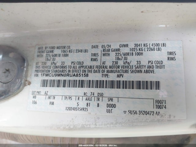 Продаж на аукціоні авто 2024 Ford Escape St-line, vin: 1FMCU9MN0RUA85158, номер лоту: 44383594