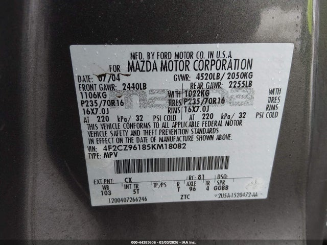 Продаж на аукціоні авто 2005 Mazda Tribute S, vin: 4F2CZ96185KM18082, номер лоту: 44383606