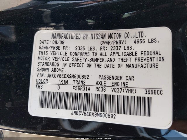 44383622 :رقم المزاد ، JNKCV64EX9M600892 vin ، 2009 Infiniti G37 Sport مزاد بيع